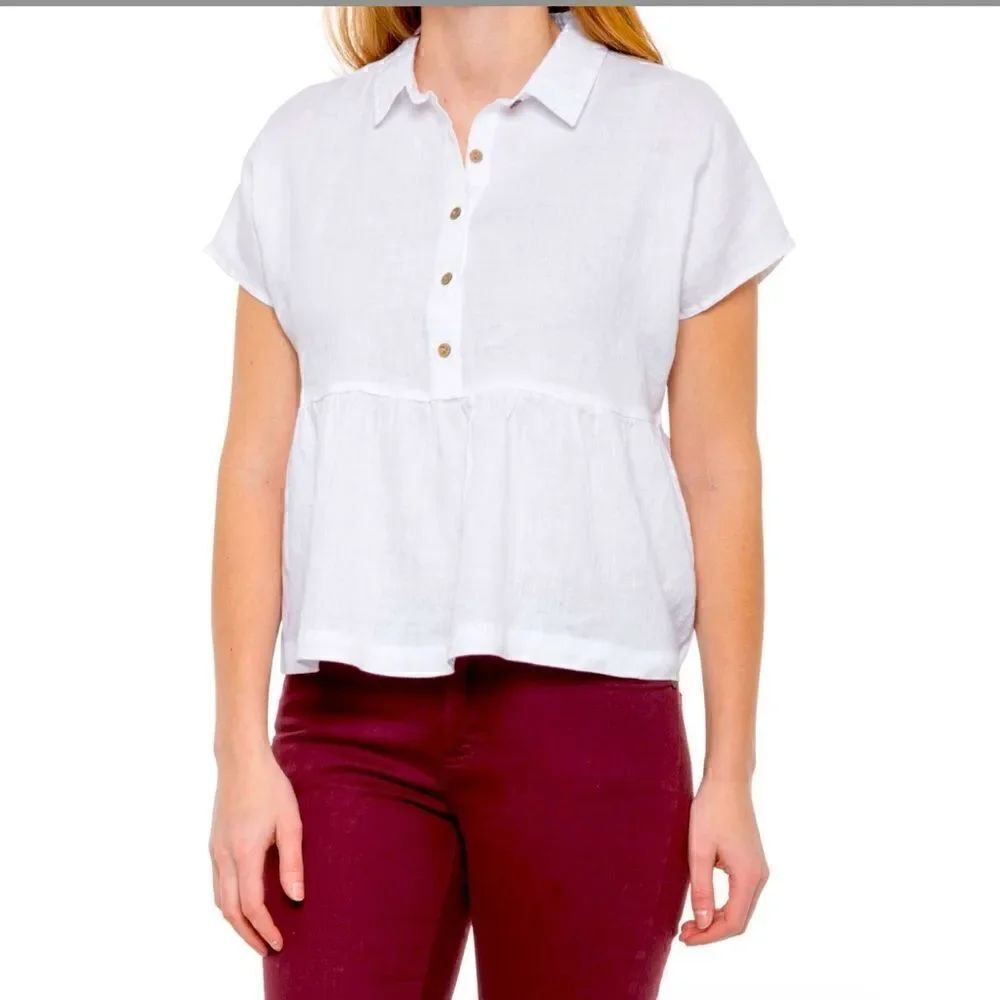C&C California- Light Blue Peplum Shirt Blouse Linen Short Sleeve, Size L
